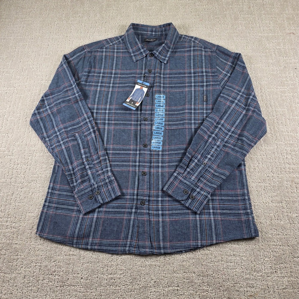NEW Eddie Bauer Bristol Flannel Mens Large Blue Plaid Button Down Cotton Shirt